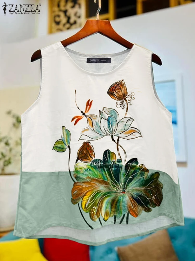 

ZANZEA Vintage Loose Tunics Blusas Women Printed Vest Holiday Sleeveless Tank Tops 2025 Summer Korean Fashion O-neck Camis