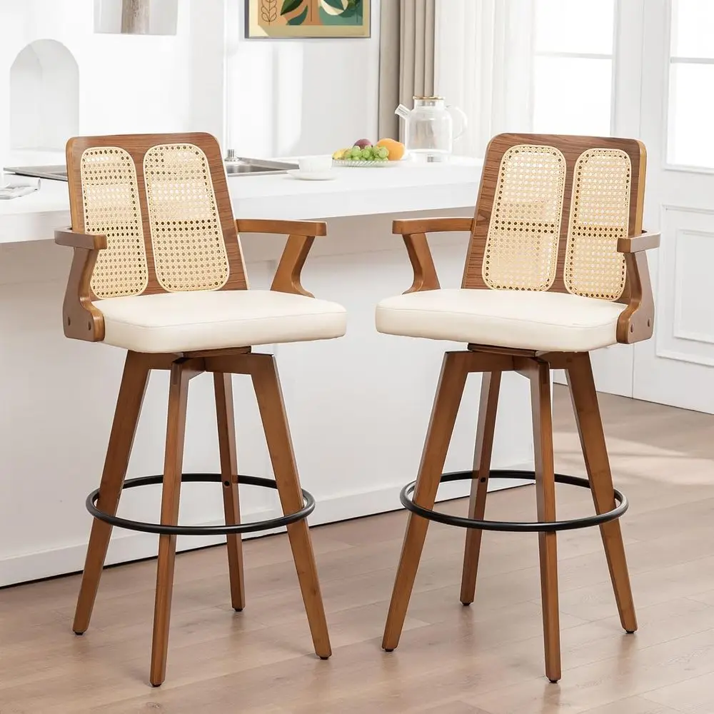 Juego de 2 taburetes de bar giratorios del siglo 30 con respaldos curvos, brazos, estructura de nogal, asientos de cuero beige, estilo ratán para cocina/Islan
