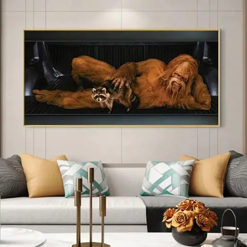 Orange Fur Bigfoot Sofa Background Decor Painting On Canvas Prints Weird Monster With Raccoon Wall Art Posters For Living Room