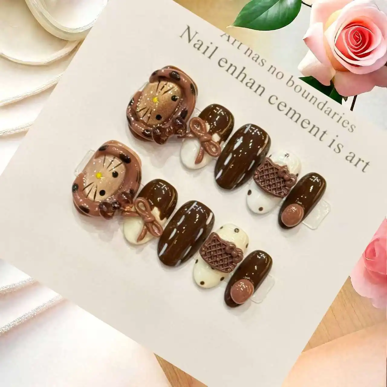 

10 шт. 3D милые накладные ногти с капюшоном и карамельным бантом, легко наносимые накладные ногти для женщин с инструментами из 4 шт., вкладки для ногтей