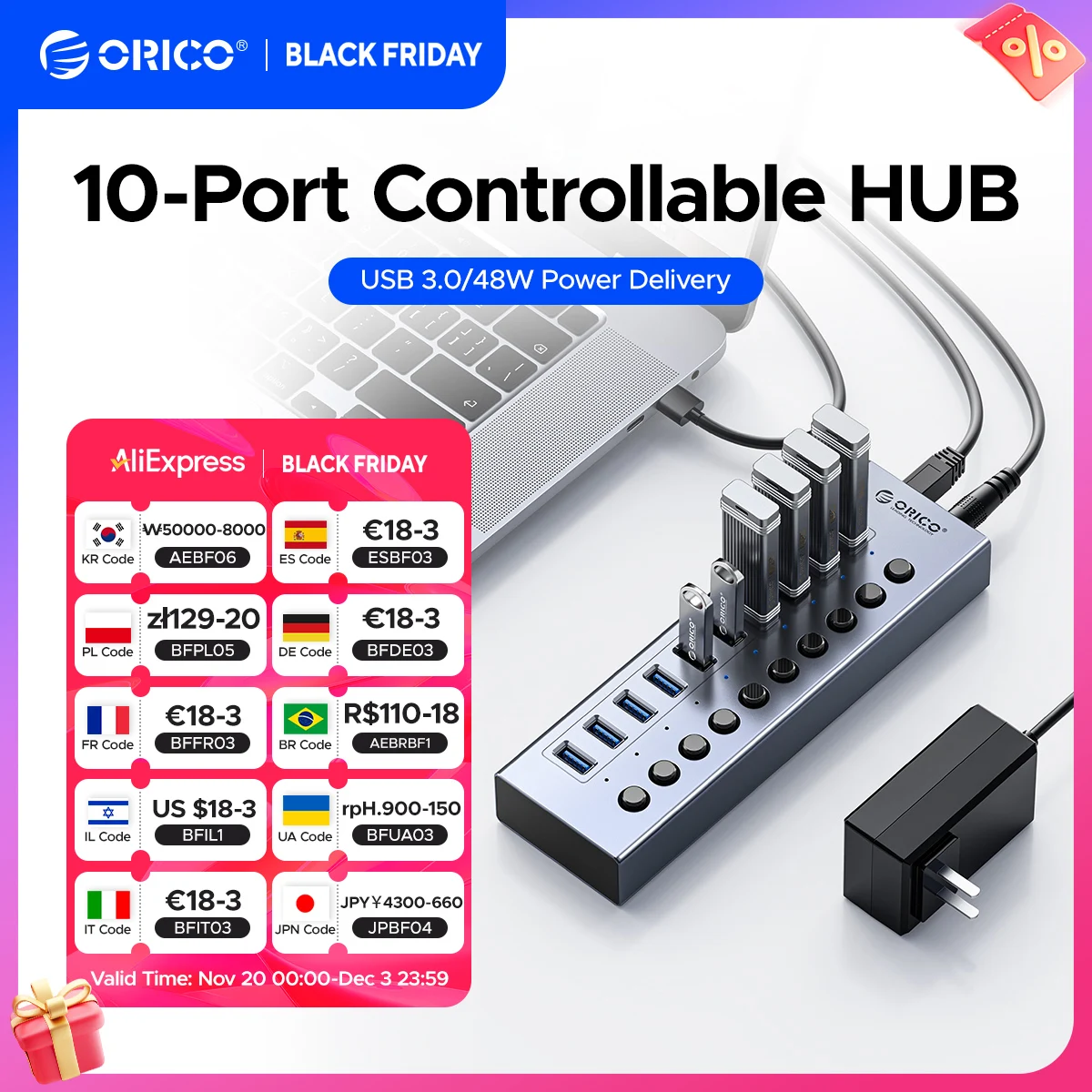 

ORICO Концентратор USB 3.0 с питанием 7/10/13/16 портов USB-удлинитель с переключателями включения / выключения Адаптер питания 12V Поддерживает разветвитель для зарядки BC1.2