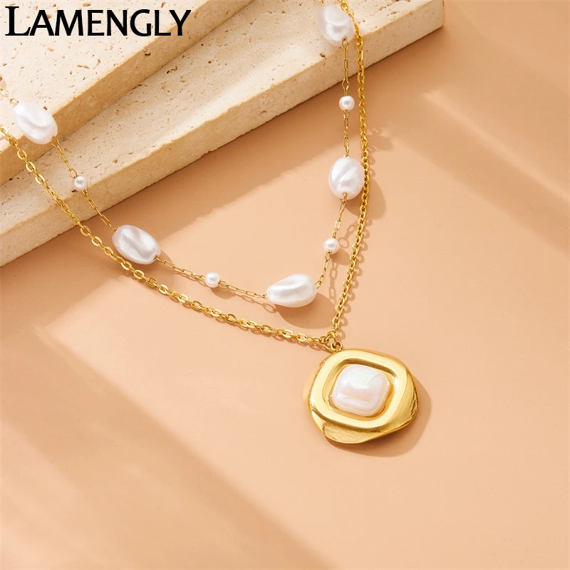 LAMENGLY316l Stainless Steel Golden double chain Imitation pearl Large circular metal pendant necklace Women Personal Neck Chain