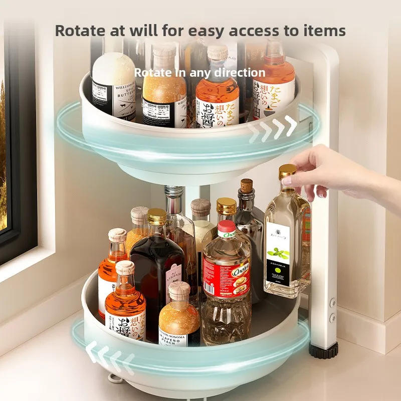 ‌ رف توابل دوار للمطبخ، رف قابل للتعديل من طبقتين، منظم بهارات قابل للإزالة، برج تخزين الحمام