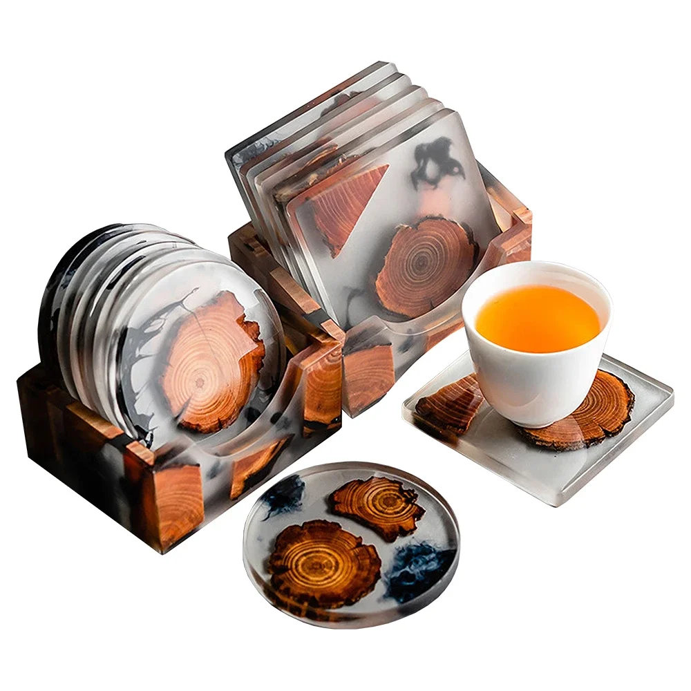 6PCS/Set Resin Pine Coasters Heat-Resistant Placemats Drink Mat Tea Coffee Cup Pad Waterproof Non-Slip Table Decor Tableware Pad
