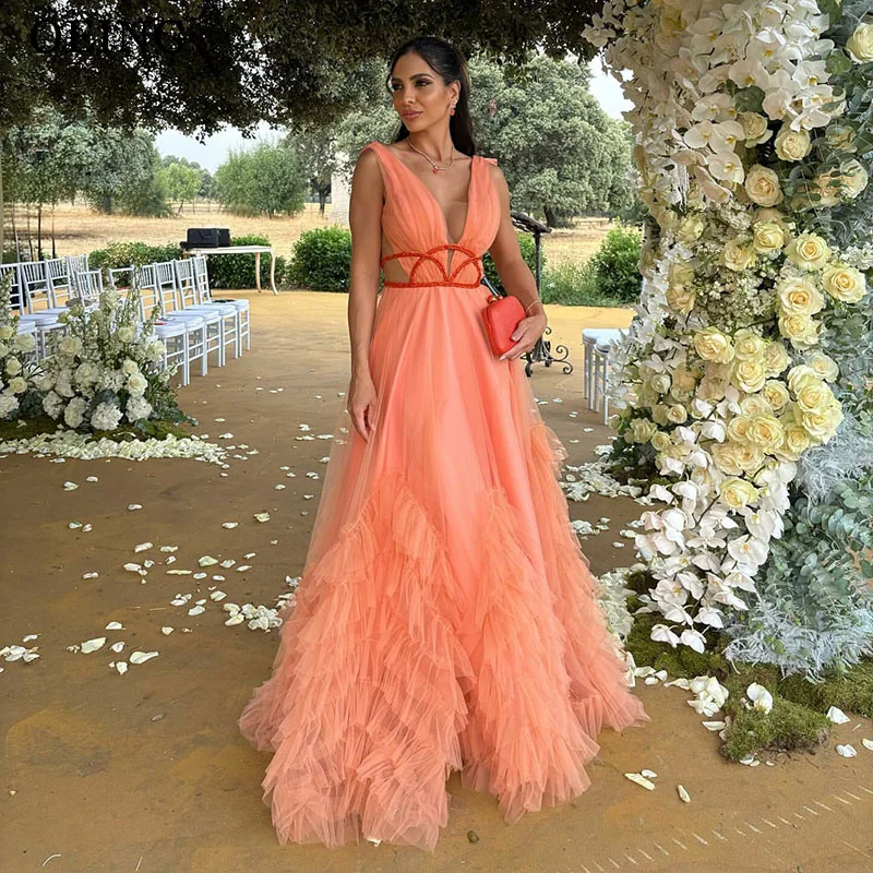 

OEING Elegant A-Line Prom Dress Deep V-Neck Ruched Sleeveless Illusion Party Gowns Ankle-Length Evening Dress Customized