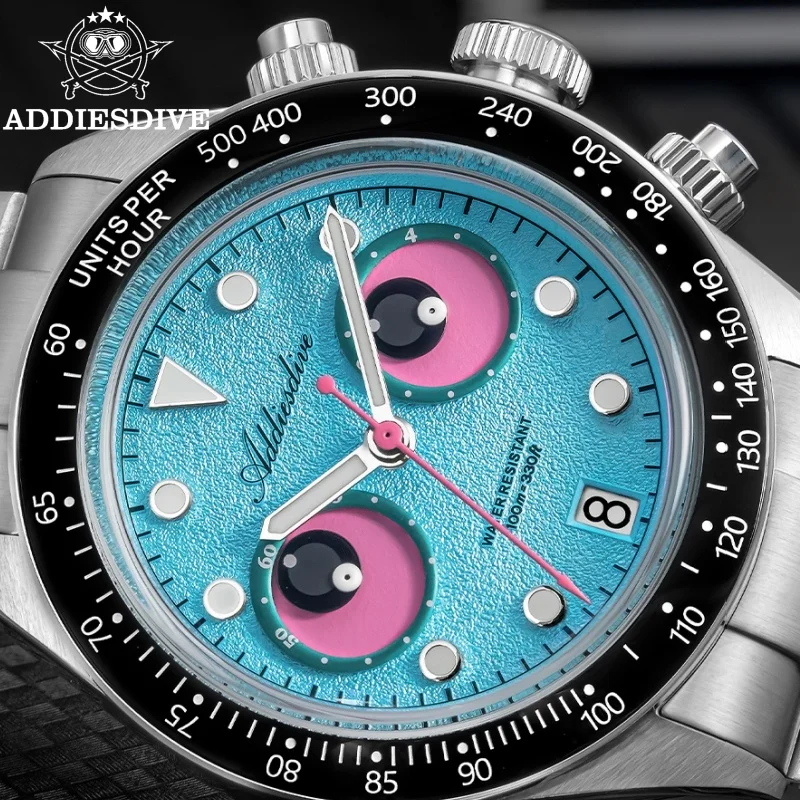ADDIESDIVE 316L Stainless Steel Men Watch AD2557 BGW9 Super Luminous Eye Dial 100m Waterproof Hot Sale Chronograph Quartz Watch