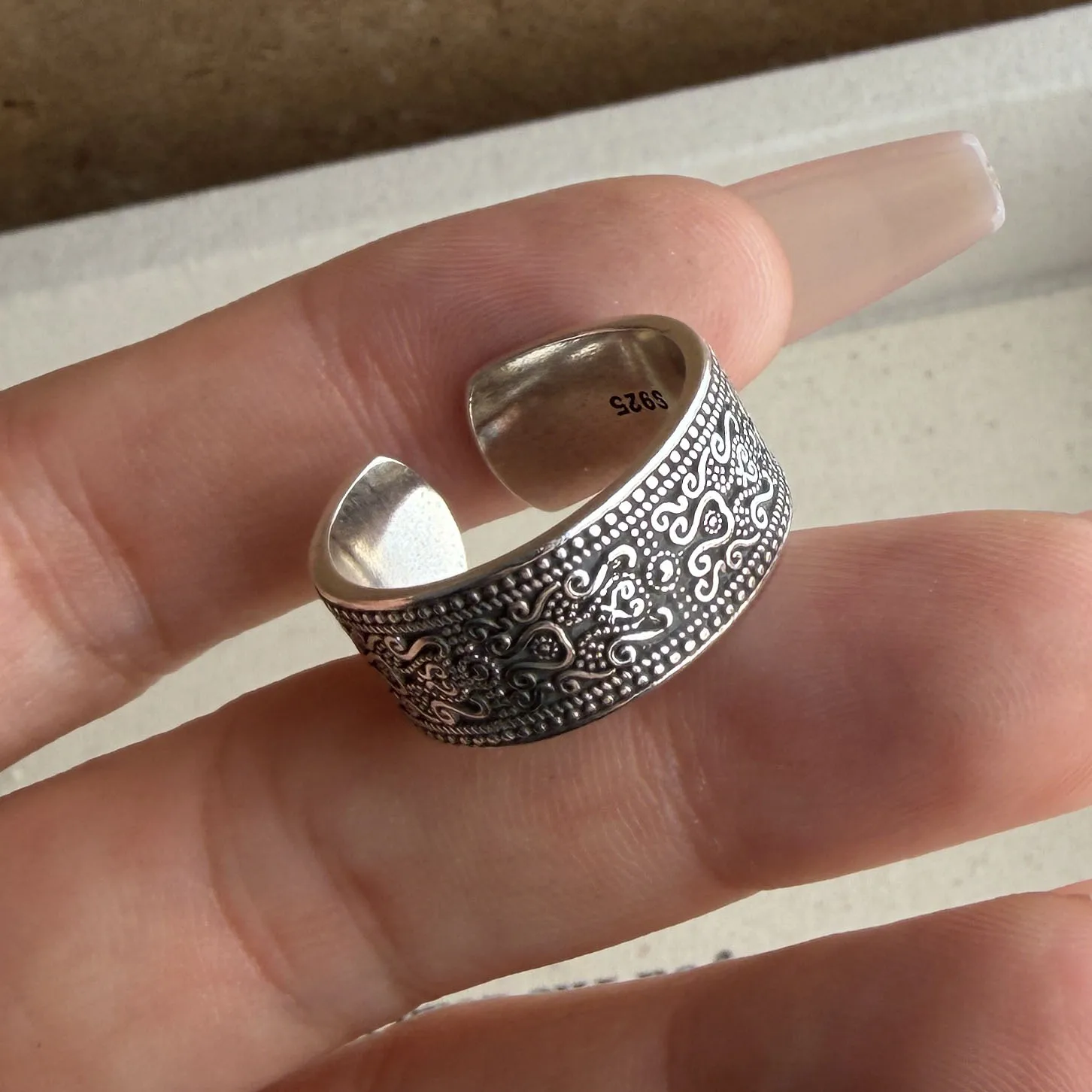 BF CLUB Ring aus 925er-Sterlingsilber für Damen, Schmuckmuster, Retro-Stil, offener Vintage-Ring, handgefertigt, allergiefrei, für Party, Geburtstag, Geschenk – Detail 6