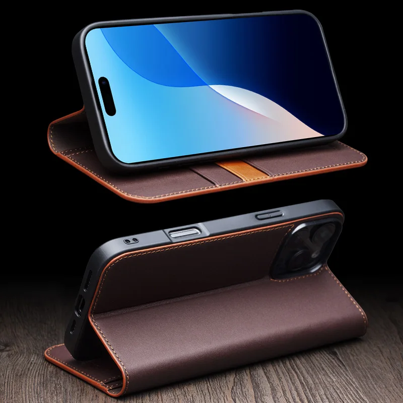 Qialino Brand Genuine Premium Leather Cowhide Flip Mobile Phone Case Cover For iPhone 15 16 Pro Max Plus Matte Retro Kickstand