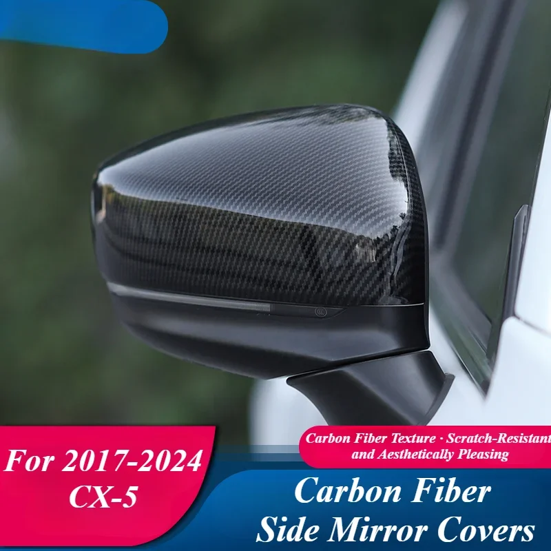 For Mazda CX-5 2017-2024 Carbon Fiber Texture Rearview Mirror Covers Side Mirror Shells Frame Case Protector Black Knight Style