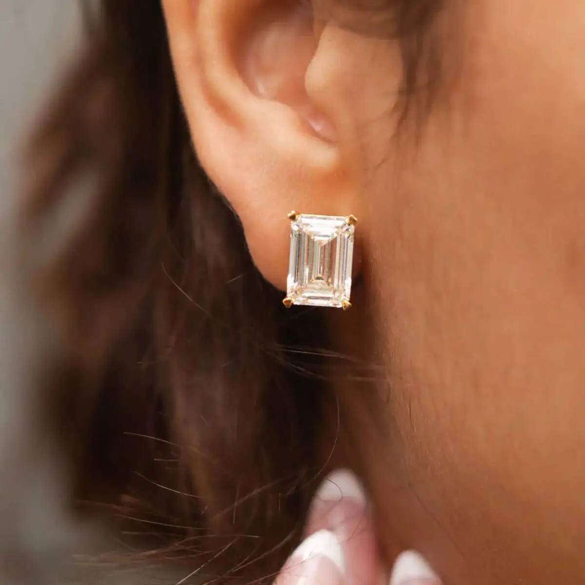 

Emerald Cut Moissanite Stud Earrings 12 TCW Colorless VVS 14K Gold 6 Carat Solitaire Basket Screw Back Handmade Jewelry Gift