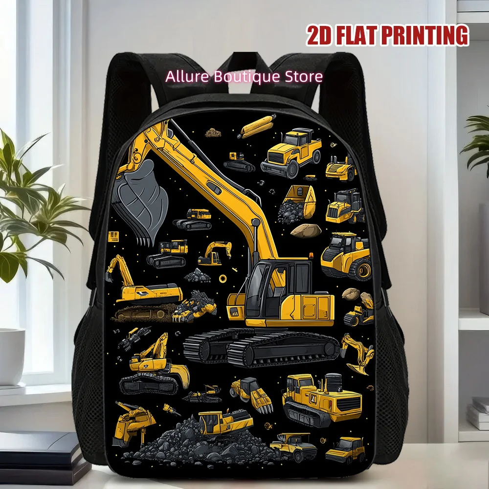 A Stylish 2D Flat-Printed Backpack Featuring Construction Vehicle Illustrations, Ideal for Travel And Everyday Use., for Teenage