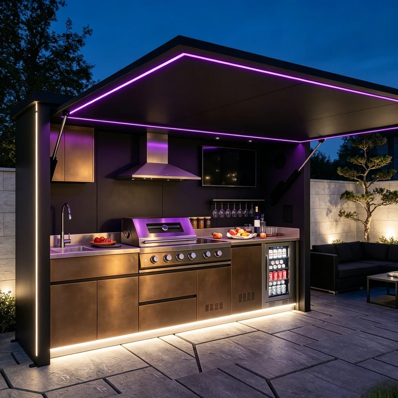Patio Garden Outdoor Kitchen Cabinet With Electric Lift Roof LED Strip Light And Built In Sink Fridge And Grill