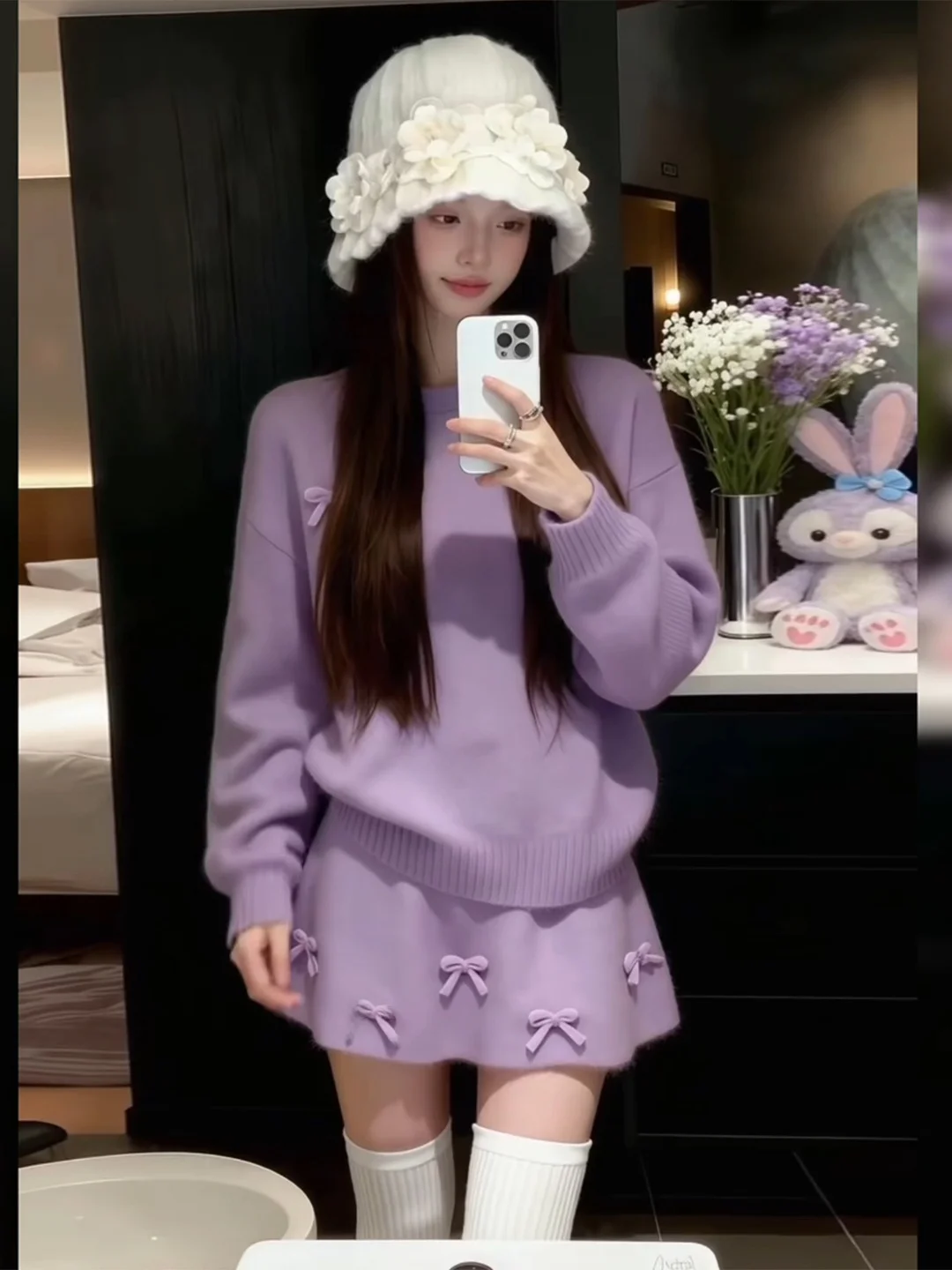 

Korean Style Winter Outfit Women's Knitted Sweater Set with Bow Short Skirt Two Piece Set Long Sleeve round Neck Commute Style