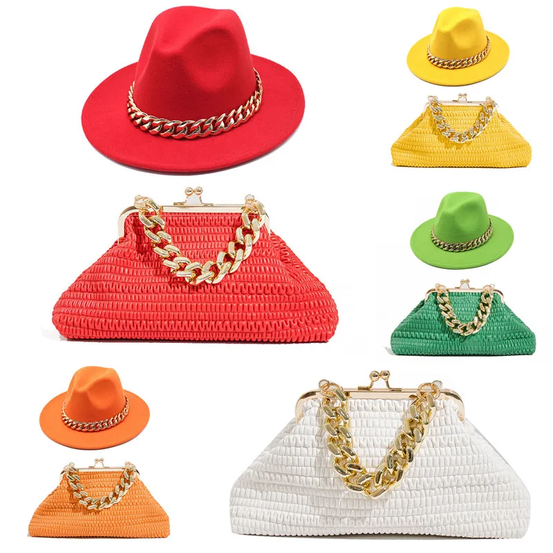 

Straw hats and bag set large chain fedoras hat for women jazz hat with handbag sets 2-piece combination for women wholesale