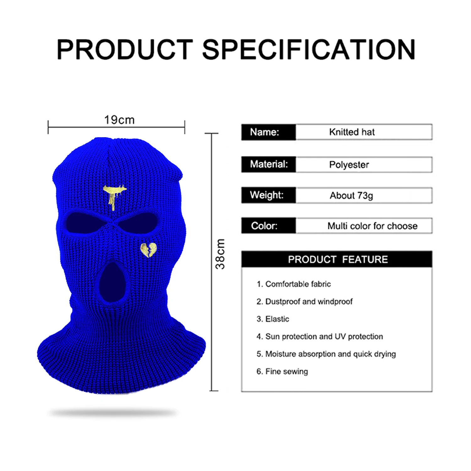 3 Holes Fashion Winter Unisex Balaclava Mask Hat Embroidery Full Face Mask Knitted Cycling Ski Snowboard Hat Hip Hop Beanie Gift