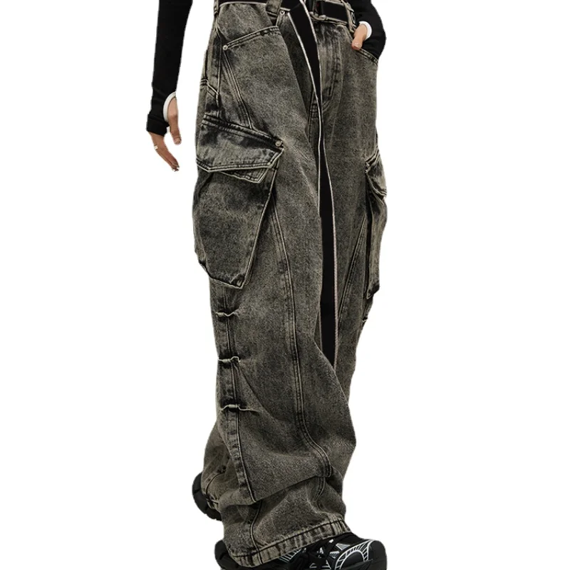 

Wasteland Style Women Techwear Avant-Garde Large Pocket Distressed Jeans American Retro Overalls Men's Design Mop Trousers