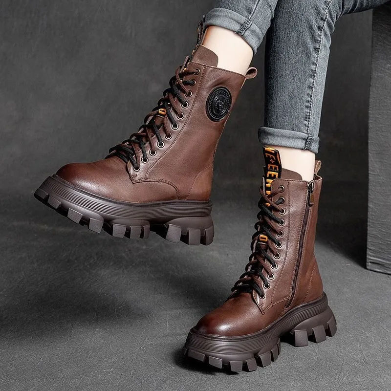 2024 Short Plush Mid-heel Snow Boots Lace Up Warm Lady Platform Biker Mid-calf Boot for Women Shoes Winter Leather Chelsea Boots