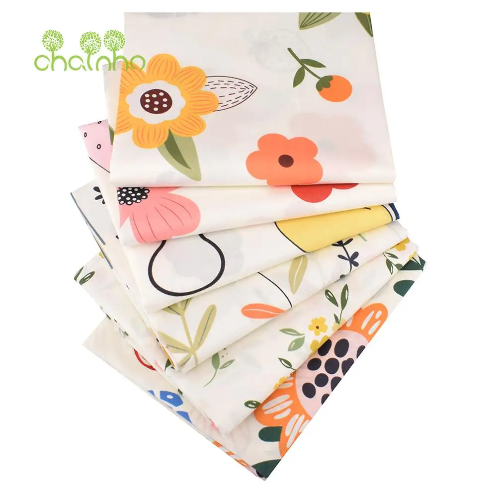 Chainho,Printed Twill Weave Cotton Fabric,Patchwork Cloth,DIY Sewing Quilting Material,Creamy Flowers And Fruits Series,QC054