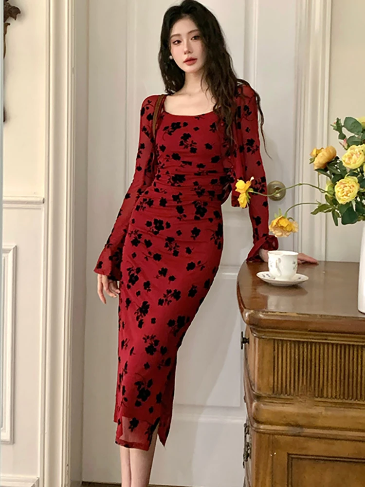 2025 Nieuwe Rode Massaal Bloemen Sling Lange Jurk + Lange Mouw Top Shirts Tweedelige Sets Vrouwen Herfst Koreaanse vintage Bodycon Jurken