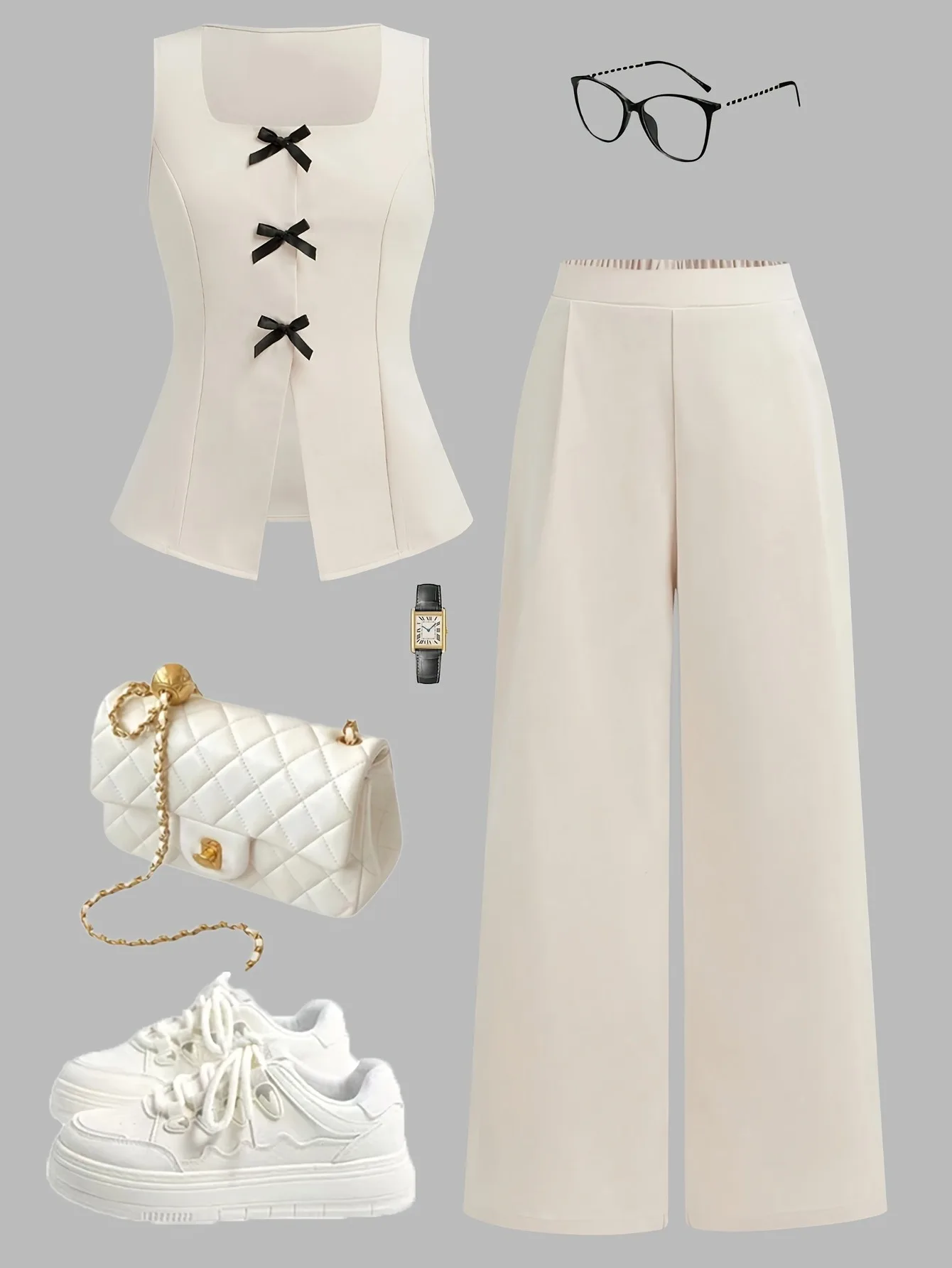 Kids Girls 2-Piece Bow Decor Square Neck Sleeveless Vest & High Waist Wide Leg Pants Set Summer Casual Elegant Party Daily Outfi