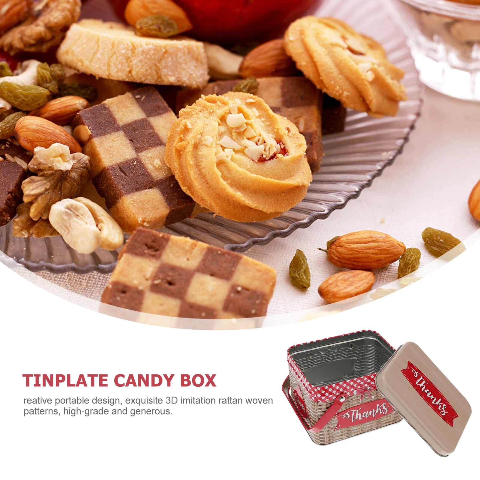 

1Pcs Creative Tinplate Candy Box Imitation Rattan Handheld Cookie Storage Box Portable Sealed Moisture Proof Snack Container