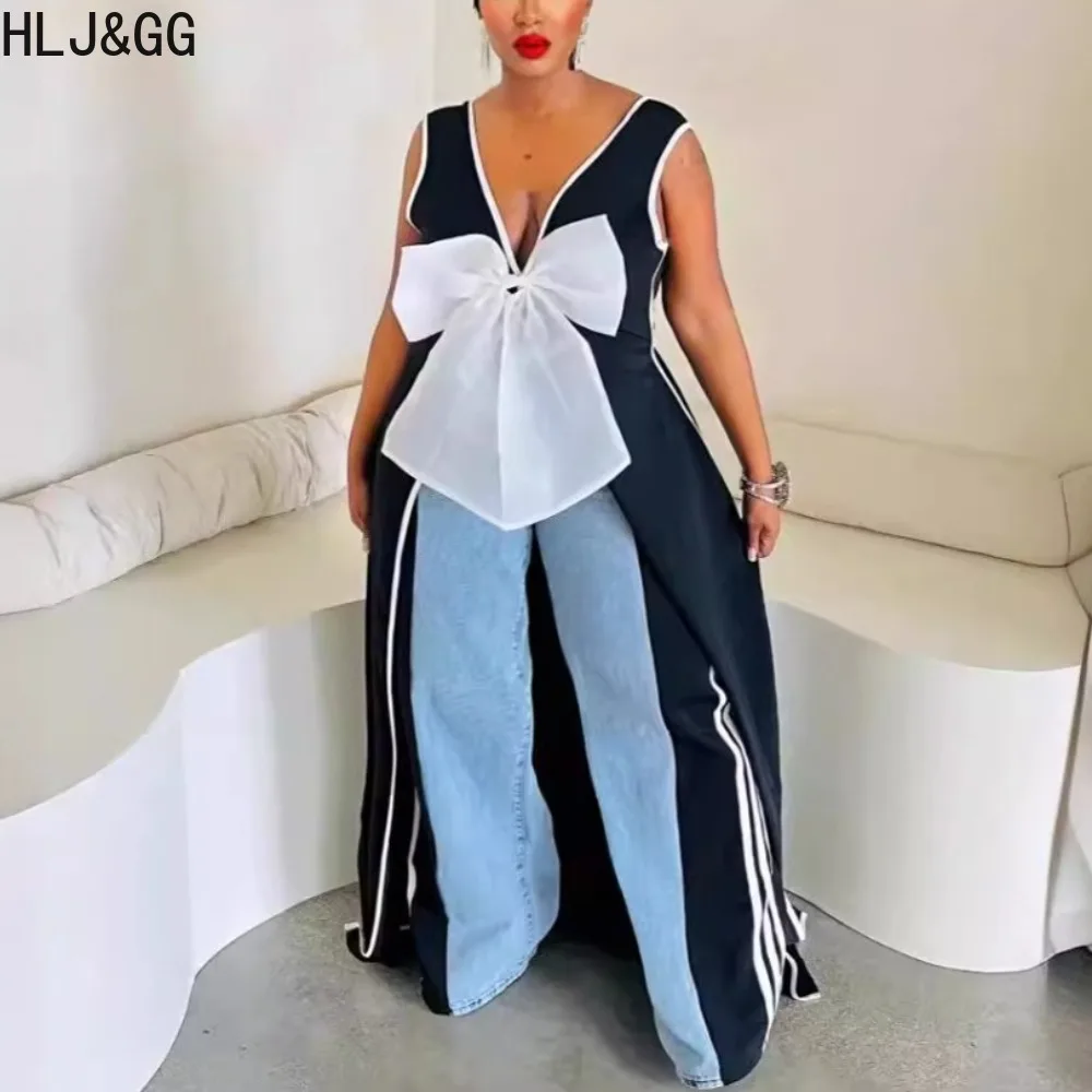 

HLJ&GG Fashion High Slit Large Bow Design Fashionable Shirts Women Deep V Sleeveless Backless Loose Tops Sexy Female Streetwear