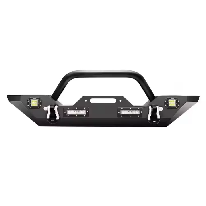 For MusixiA Steel Front Bumper With LED Light For Wrangler JK JL Black Powder-Coated Tow Hook