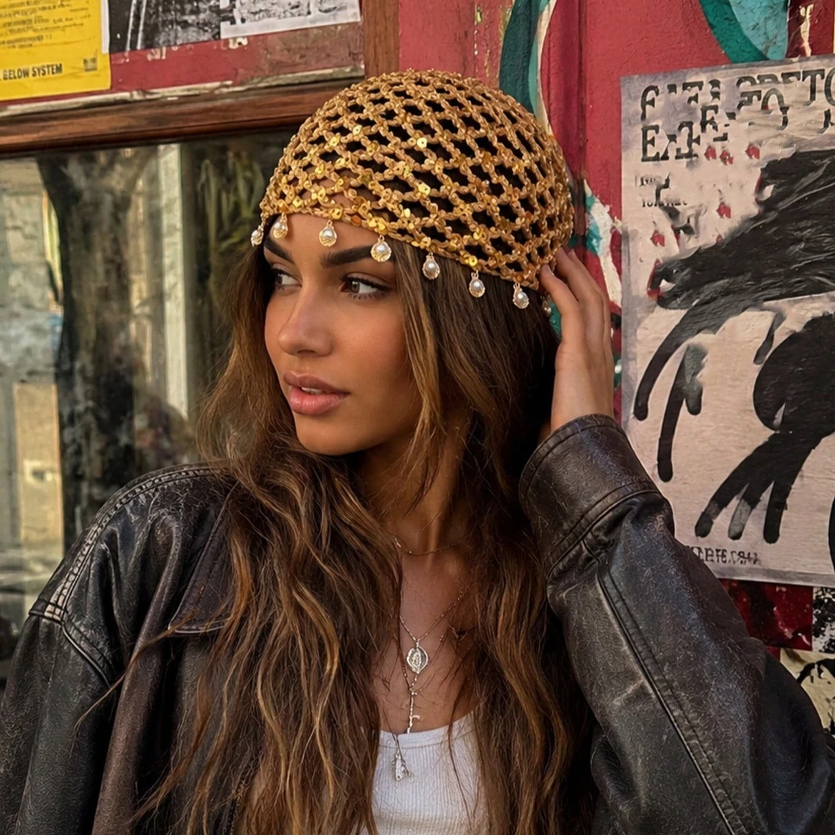 Women's Bohemian Faux Pearl Shell Pendant Mesh Hollow Knit Hat Decorative Hat Beach Vacation Travel Accessory Party Decoration