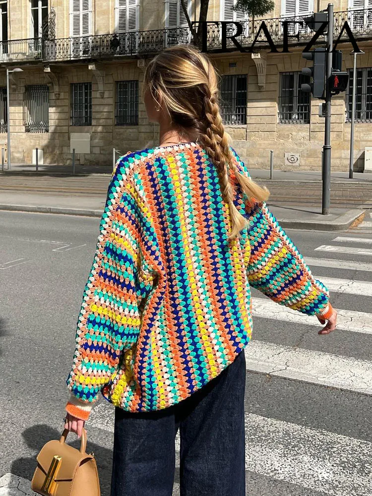 TRAFZA Crochet Striped Knit Open Stitch Colorful Sweater Vintage Loose Long Sleeve Cardigans Women Autumn New Fashion Streetwear