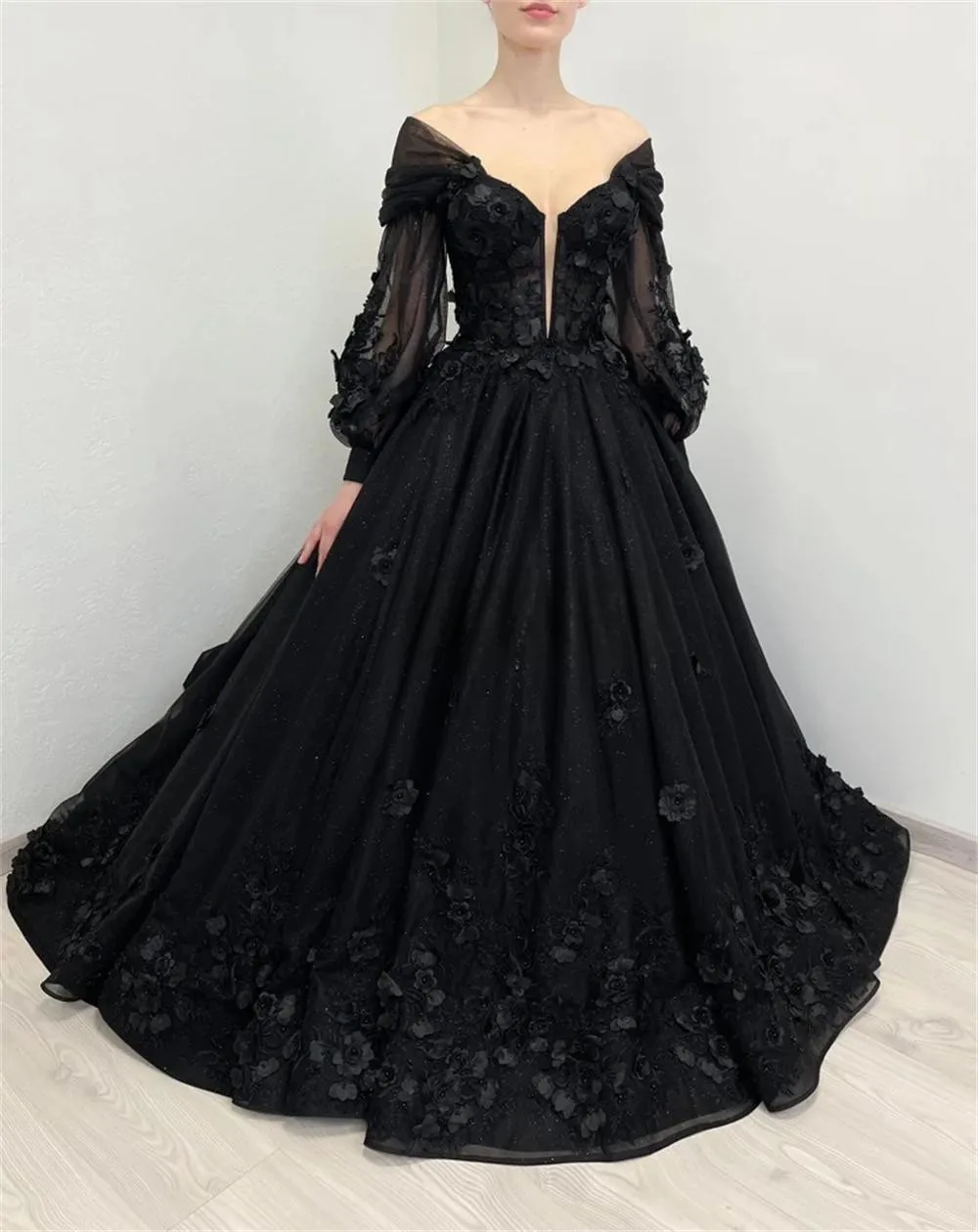 Amanda Puffy Sleeve Prom Dress Luxury 3D Flower Long Train Vestidos De Fiesta Gothic Ball Gown Wedding Dress فساتين سهرة