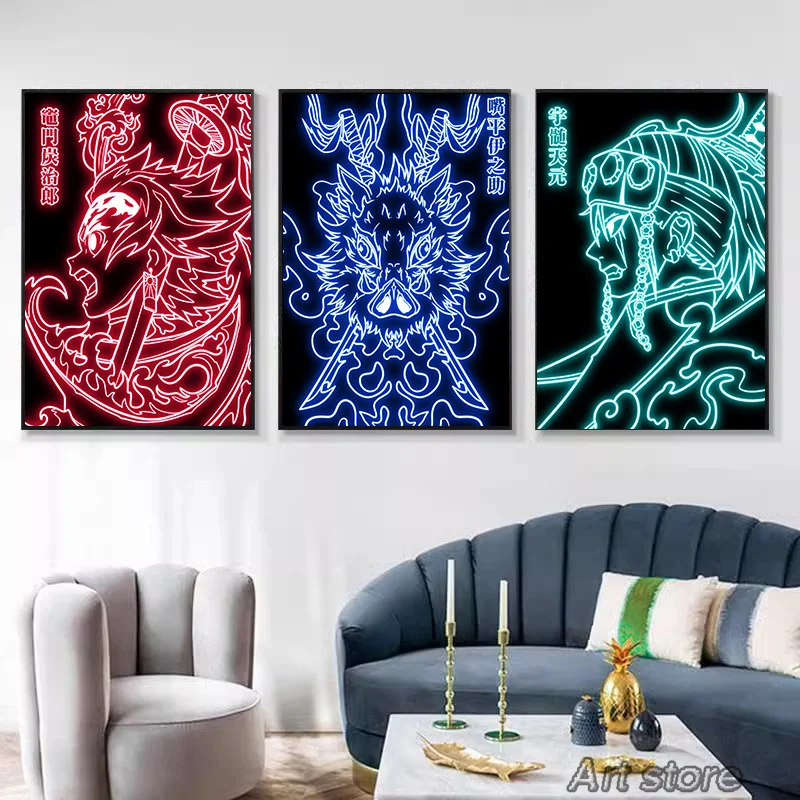 Neon Effect Japan Anime Demon Slayer Canvas Painting Tanjiro Nezuko Character Posters Wall Art Print Pictures for Room Decor