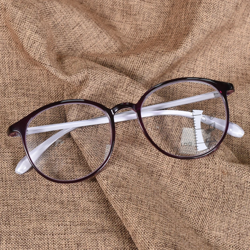 Lila runde multifokale Presbyopie-Brille für Damen, progressive High-Definition-Lesebrille mit Blaulichtfilter +125+175