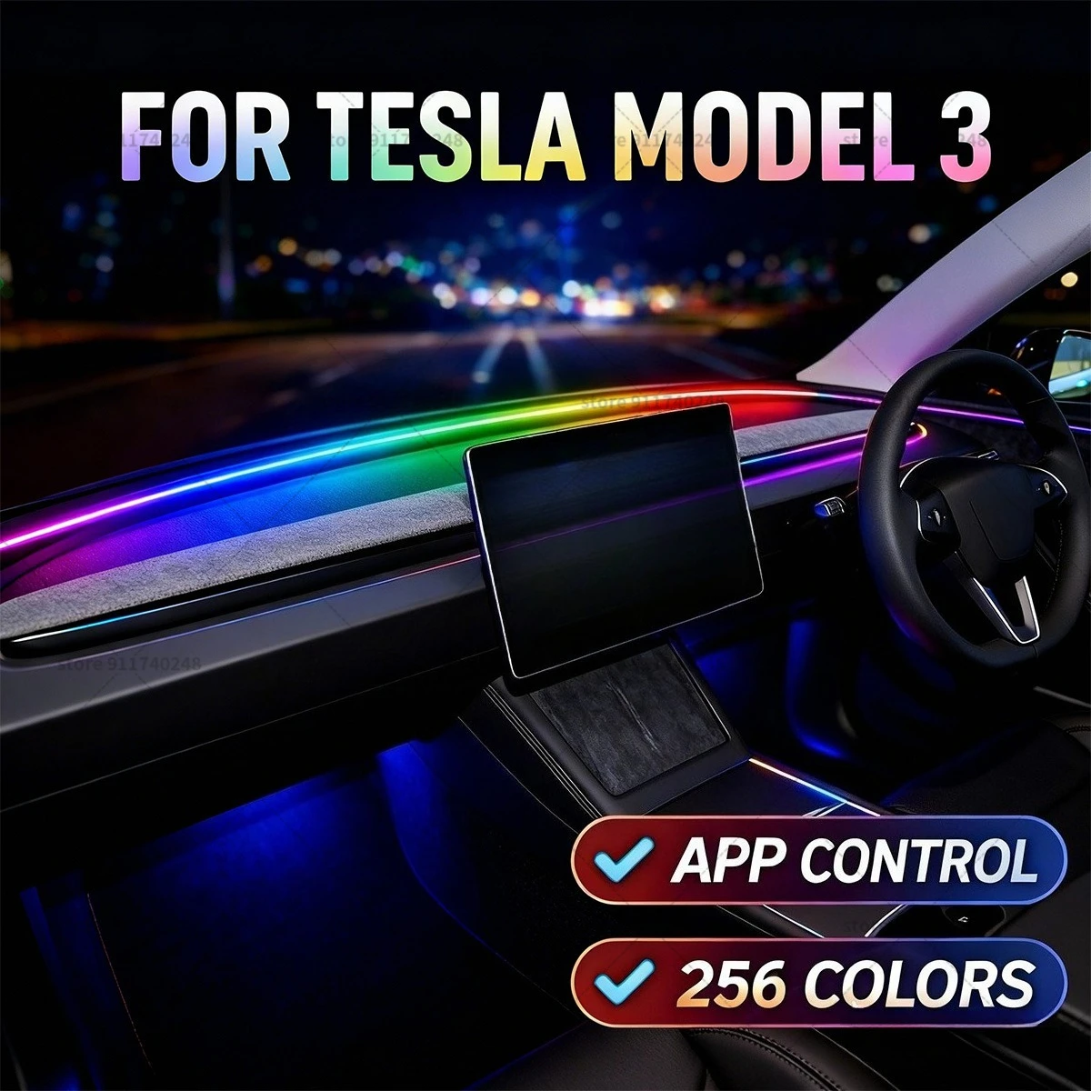 For Tesla Model 3 Automotive decoration light strip, colorful acrylic front windshield soundproofing strip, ambience light