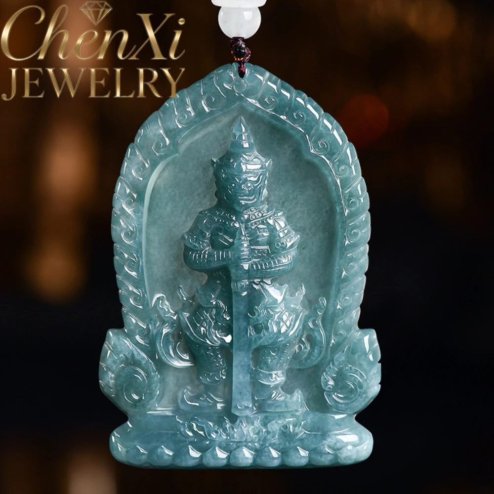 Genuine A Grade Ice Blue Water Burmese Jadeite Hand Carved Thai Folk Pendant Necklace Fine Jewelry for Daily Wear & Collect Gift