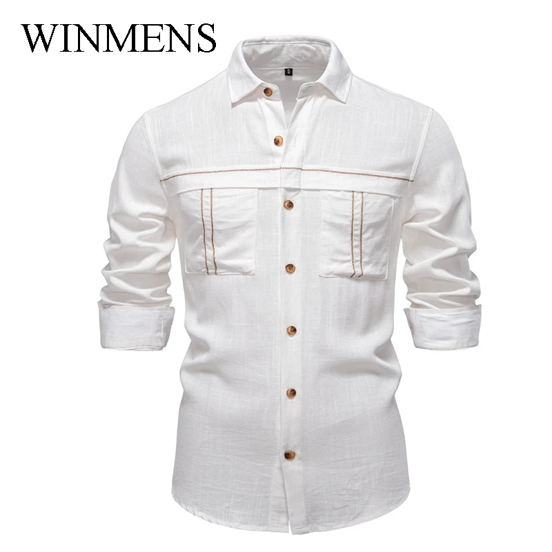 

Весна/Лето 2022, новые мужские повседневные рубашки в европейском и американском стиле, однотонная льняная вискозная молодежная рубашка с длинными рукавами и карманами