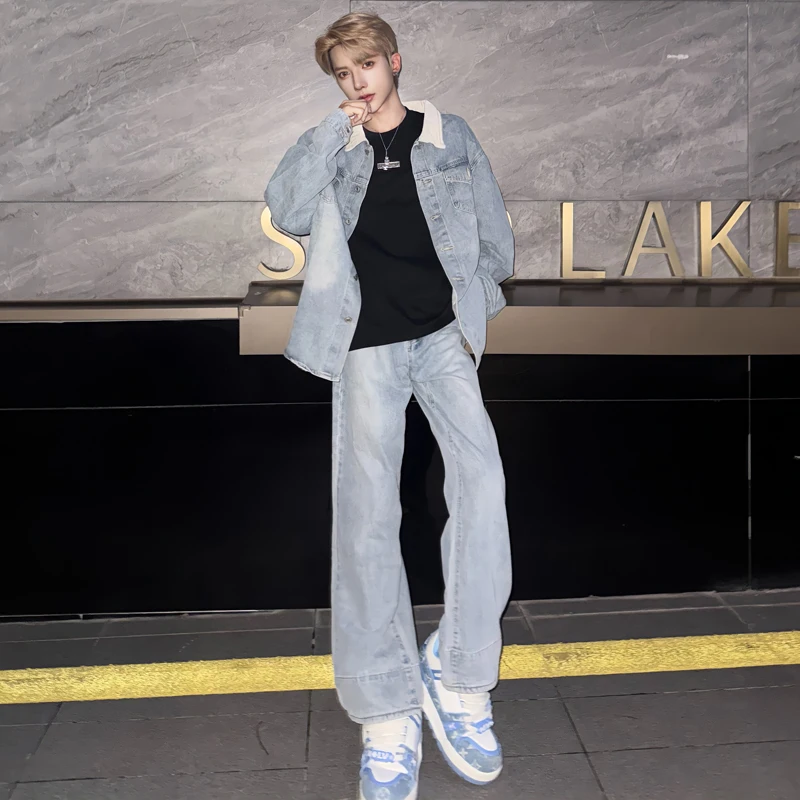 WTHT Fashion Men's Suit Spliced Contrast Color Design Denim Coats High-waisted Straight Jeans Set Male 2025 Autumn 2A2117
