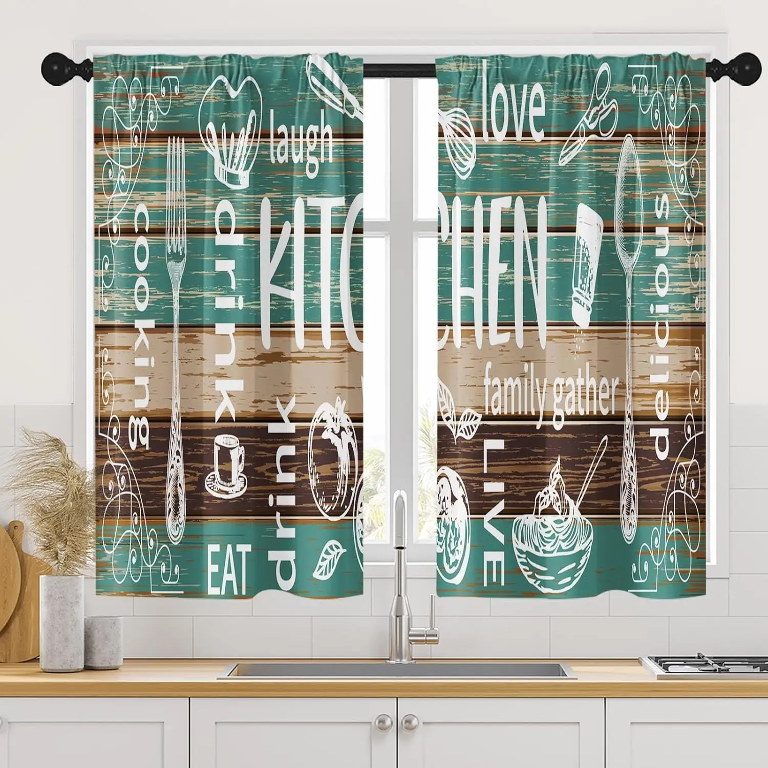 Arttown Farmhouse Kitchen Curtains 45 Inch Length Brown Teal Wooden Window Short Tier Curtains Over Sink Set of 2, White Doodle