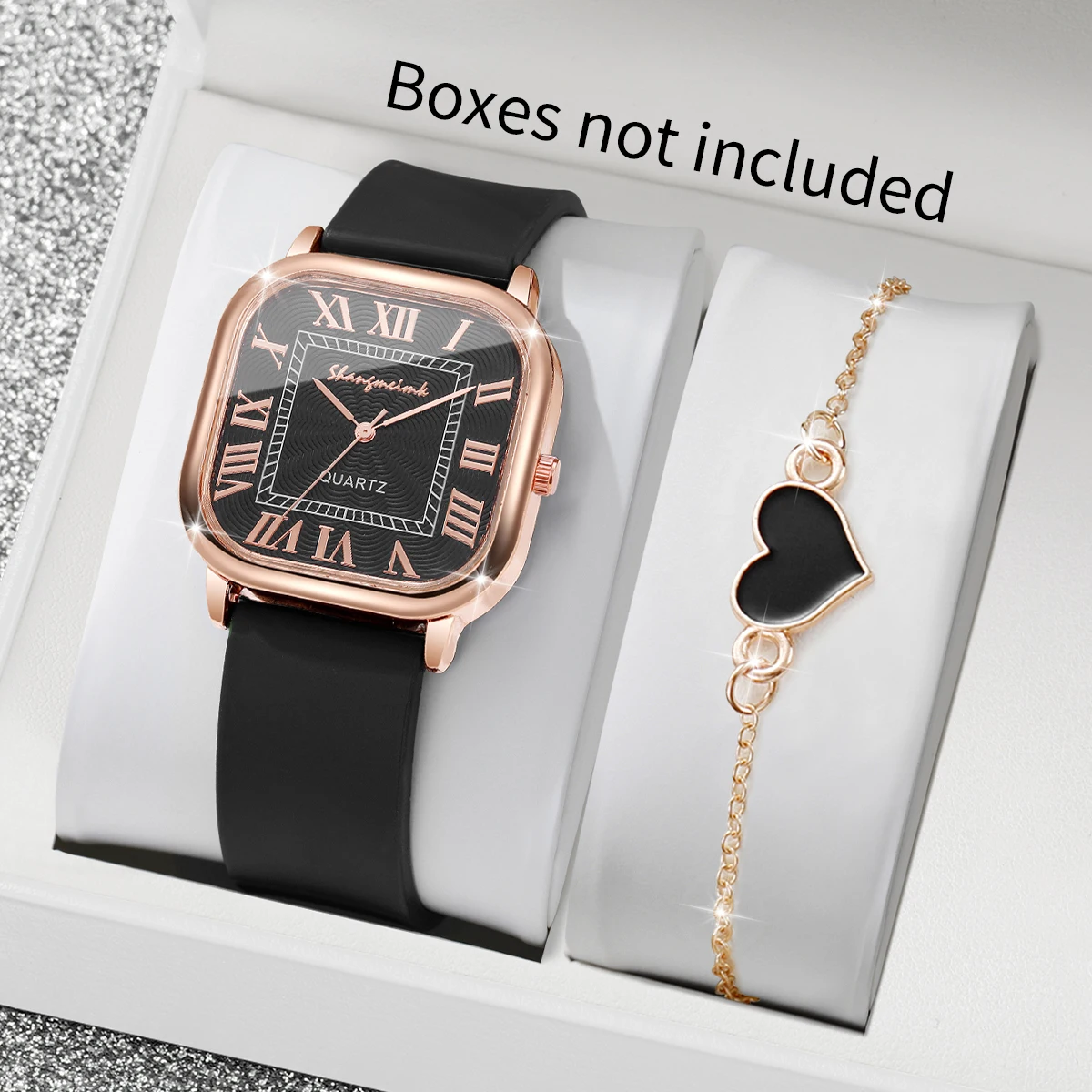 2PCS Fashion Roma Dial Women Watches Heart Bracelet Set Square Silicone Strap Quartz Watch Reloj Mujer（Without Box）