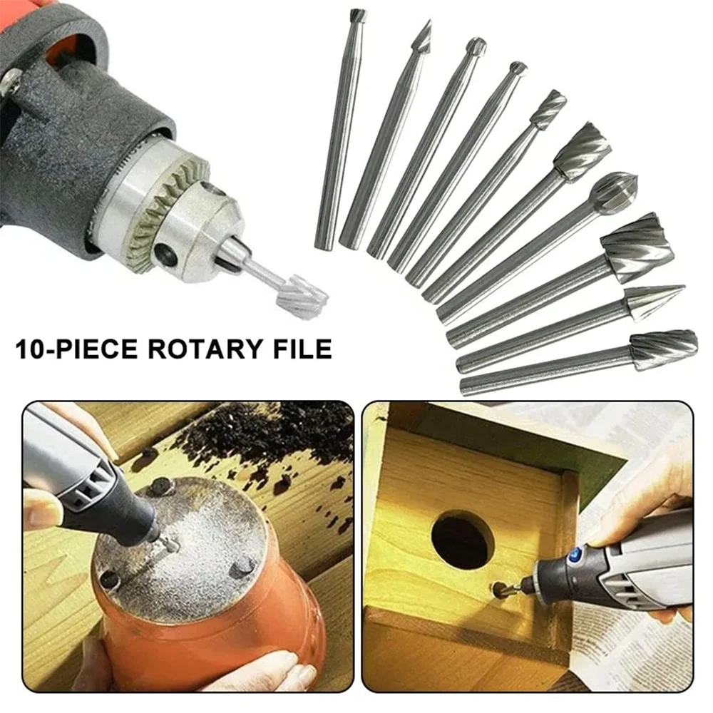 KATWAY 10pc DIY HSS Woodwork Rotary File Set Natural Color Electric Grind Grinding Head Engrave Mill Cutter Drill Bits HH-AA54