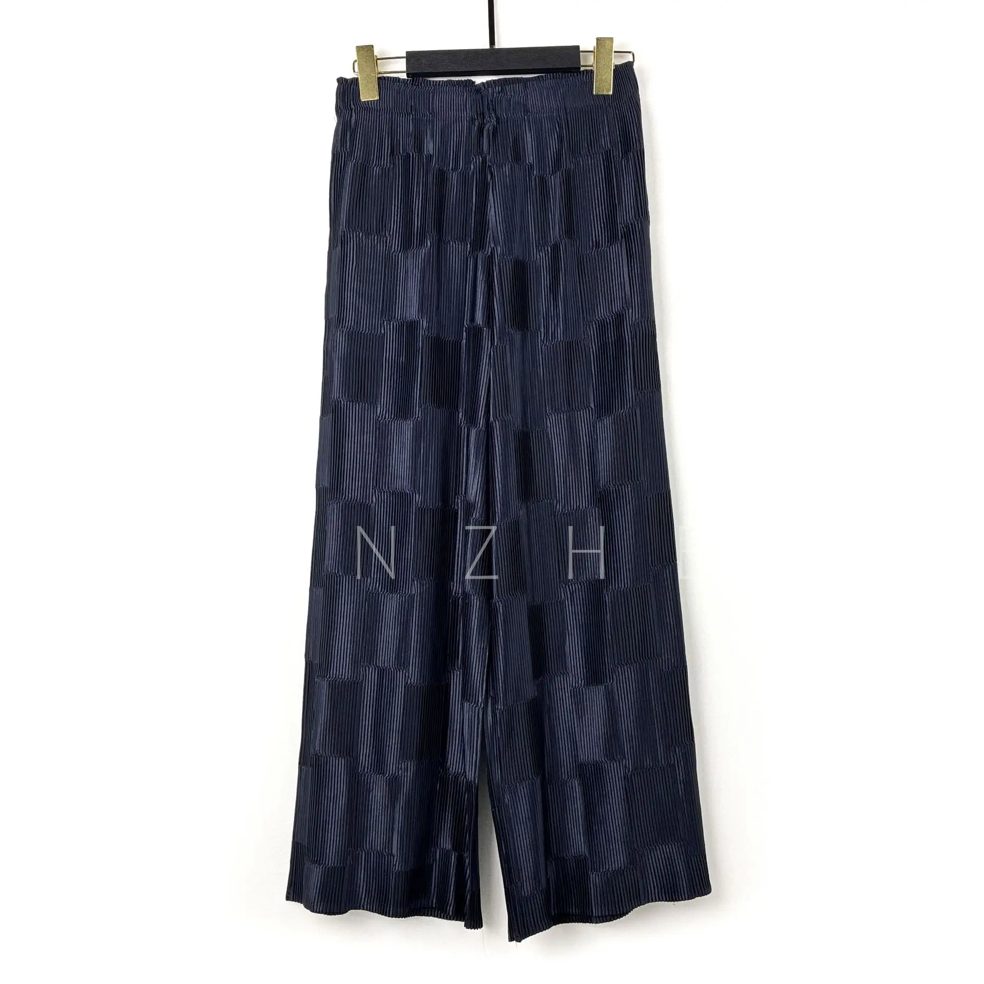 Miyake Style Patchwork Pleated Wide Leg Pants Women Elastic Waist Loose Straight Wrinkle‑Resistant Casual Trousers