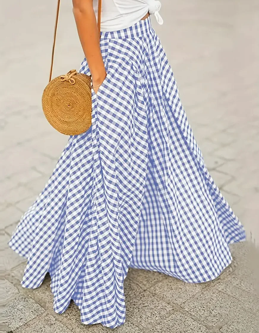 

DSMTRC Women Elegant Casual Candy Color Plaid Print Elastic Waist Long Skirts 2025 New Female Autumn High Streetwear Midi Skirts