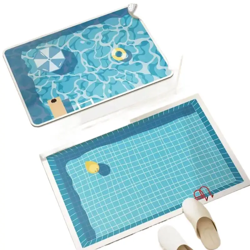 ~Rubber Bathroom Anti Slip Floor Mat Water Absorbing Quick Dry Cartoon Swimming Pool Print Home Floor Decor