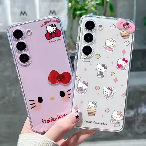 3D Pink Bow Sanrio Hello Kitty Case For Samsung Galaxy S25 S24 S22 Ultra Plus S23 FE A34 A15 A35 A53 A54 Kawaii Cover Silicone
