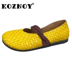 Koznoy 1.5cm splot bydlęcy z prawdziwej skóry letnie luksusowe kapcie Mary Jane płaskie sandały damskie buty moda platforma na koturnie