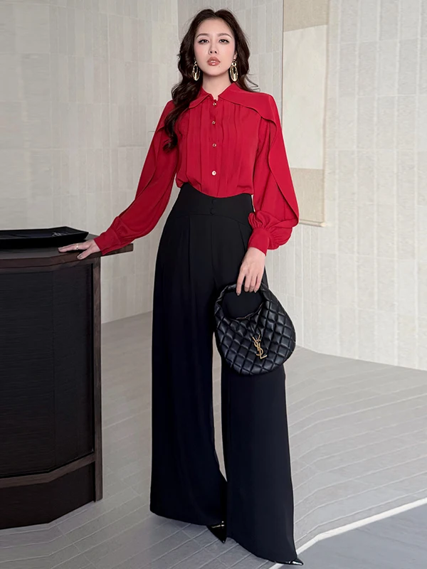 

Slim Fit Long Sleeve Shirt High Waist Wide Leg Pants Set Fashionable Youthful Weight Loss Meat Concealing Two Piece Set Autumn