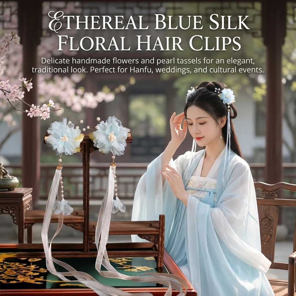Chiffon-Blumen-Haarspangen, chinesische Hanfu-Haaraccessoires für Frauen, 2 Stück, rosa/blau, florale Quasten-Haarnadel, Retro-Perlen-Haarspangen – Detail 3