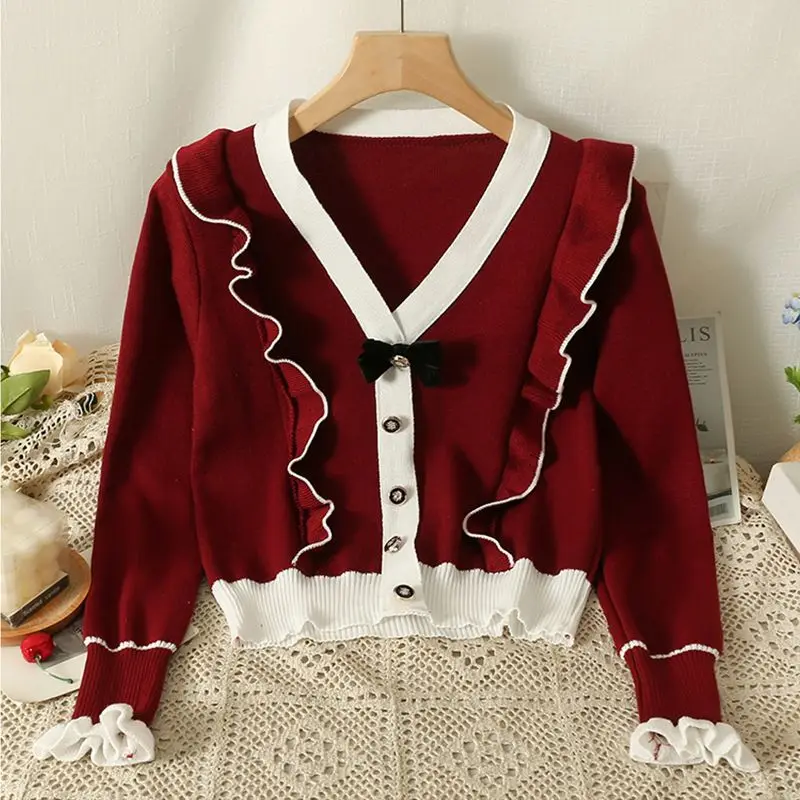 Bow V Neck Ruffles Patchwork Cardigan Autumn Winter New Long Sleeve Contrast Elegant Sweaters Tops Fashion Korean Women Clothing