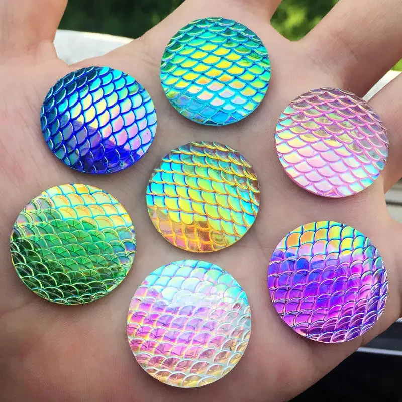 12pcs 25mm Round fish scale resin mermaid cabochon flat back Rhinestone button-B46