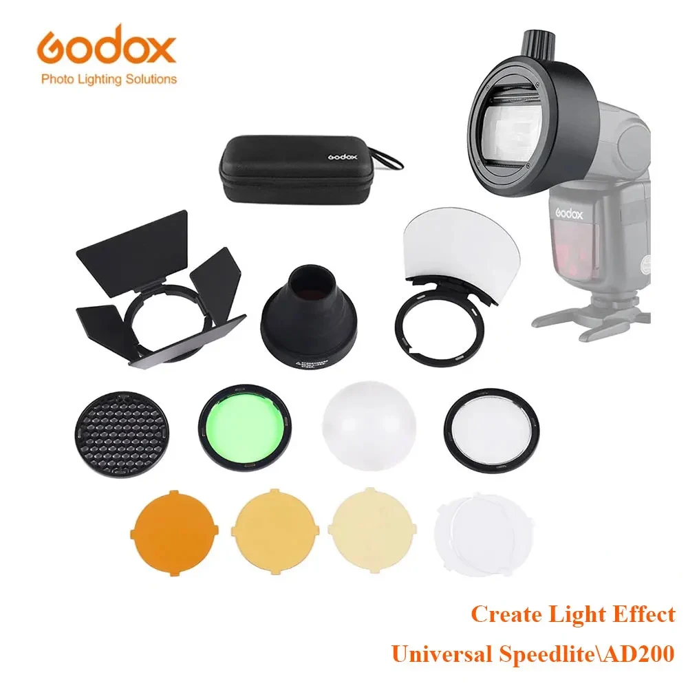 Godox AK-R1 S-R1 Barn Door, Snoot, Color Filter, Reflector, Honeycomb, Diffuser Ball Kits for Godox AD200 H200R V1 Flash Head