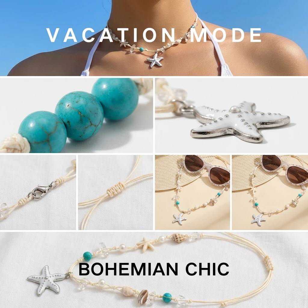Trendige Muschel-Schleifenanhänger-Halsketten für Damen, Seestern-Imitationsperlen-Halsketten, süßer Halsschmuck im Urlaubsstil für den Strand – Detail 1
